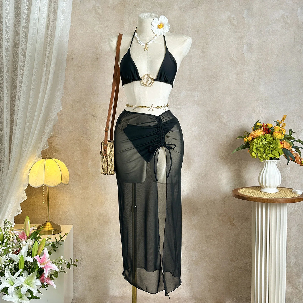 Sexy Black Mesh Long Skirt 3 Piece Bikini Set Women White Metal Ring Linked Push Up Bra Swimsuit Holiday Bathing Suits Swimwear
