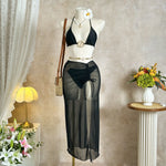 Sexy Black Mesh Long Skirt 3 Piece Bikini Set Women White Metal Ring Linked Push Up Bra Swimsuit Holiday Bathing Suits Swimwear