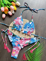 Sexy print women's bikini swimsuit split set with straps and tassels 2-piece set for summer beach swimsuit
