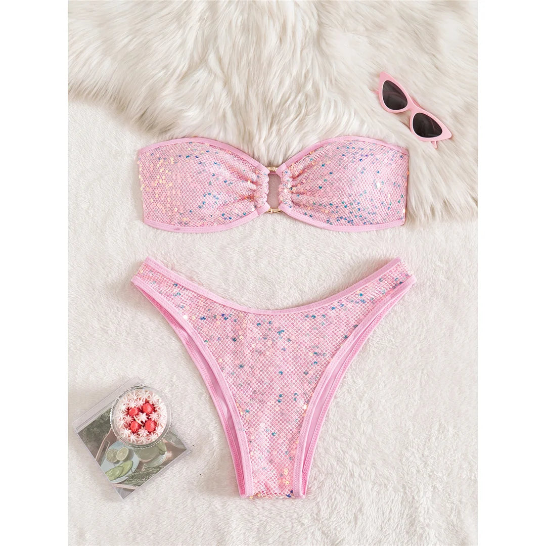 Sequins Shiny Bling Bandeau Bikini Female Swimsuit Women Swimwear Two-pieces Bikini set Brazilian Bather Bathing Suit Swim K7311