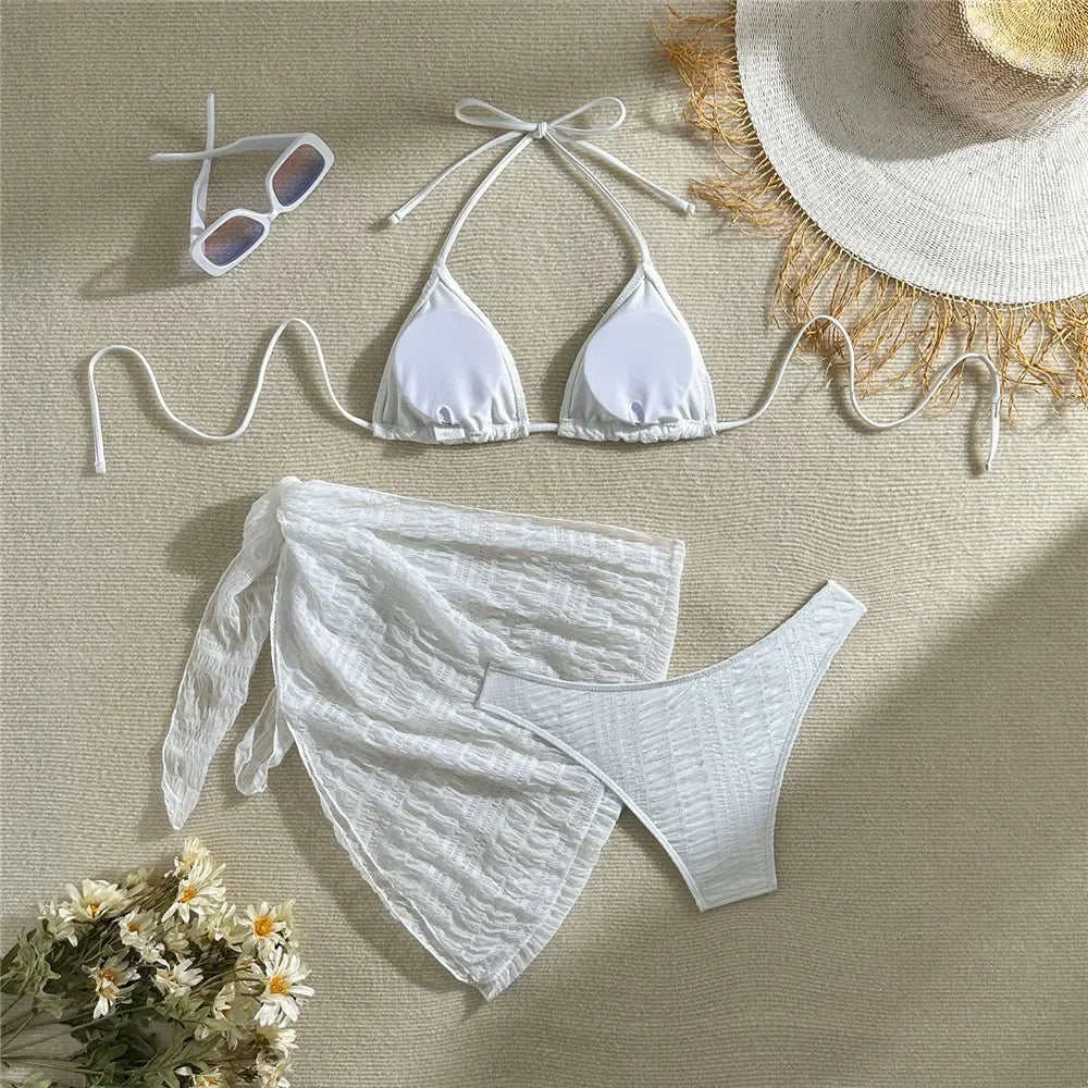 Yellow Micro Thong 3 Piece Bikini Set Damen Mesh Cover Up String Halter Swimwear Sexy Swimsuit Women 2025 Bathing Suit Bikinis