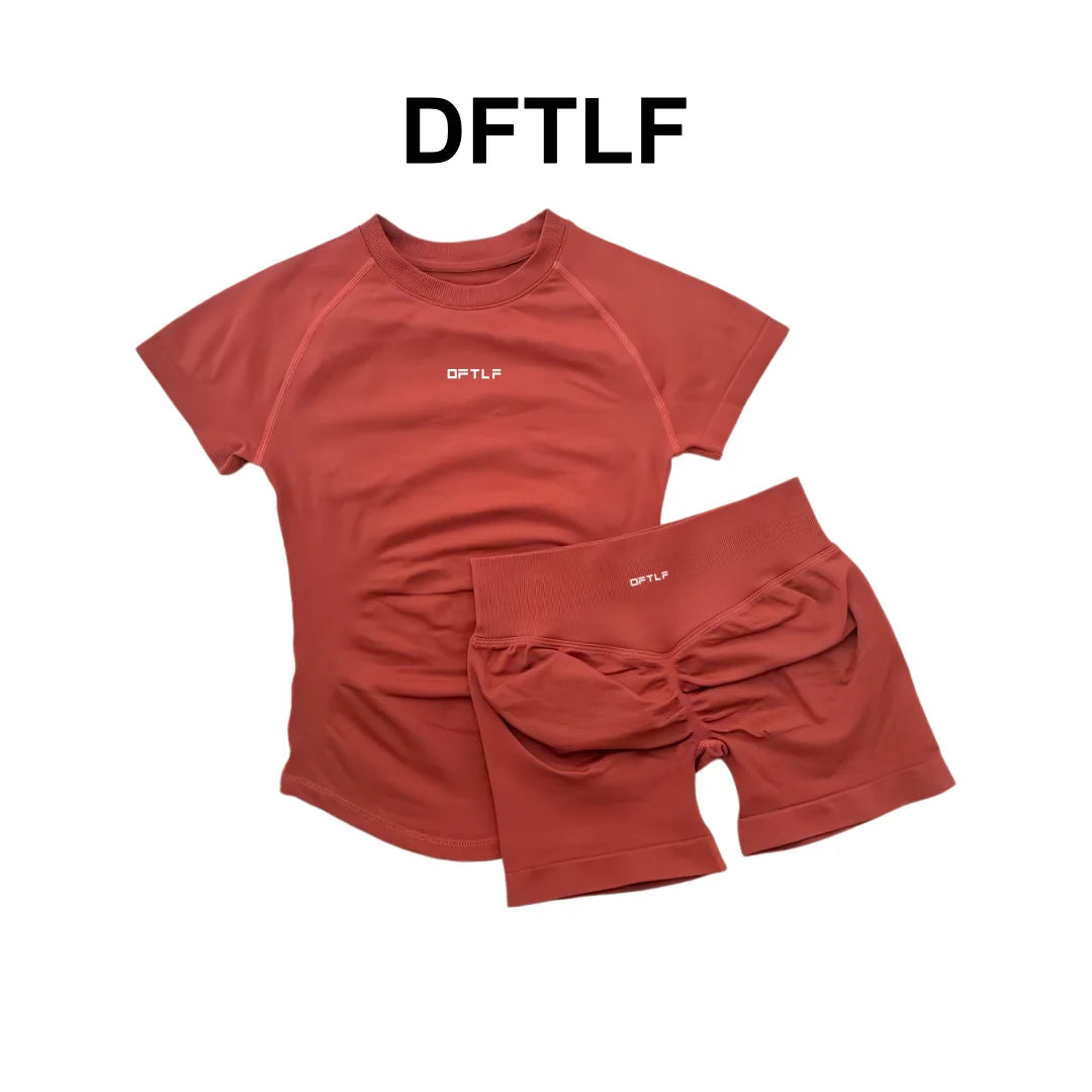 DFTLFWomen 2PCS Seamless Yoga Suit Short Sleeve Top High Waist Shorts Quick Dry Breathable Gym Fitness Running Workout Sport