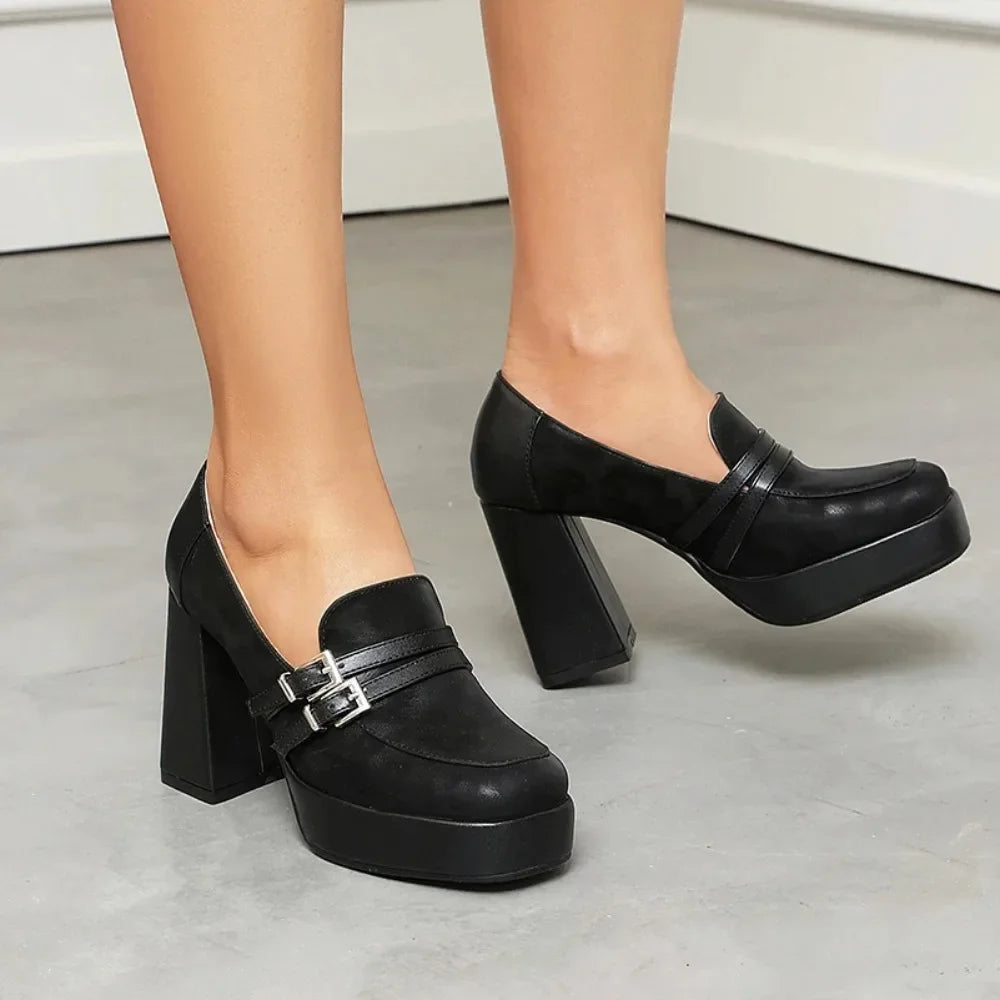 Square Toe Platform Double-Layer Buckle Shallow Sleeve Office Pumps Ultra-High Thick Heel Breathable High Heels