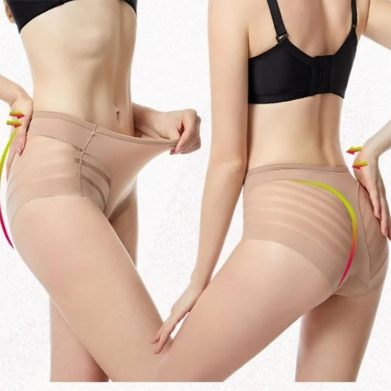 1PC Women Mid-Rise Striped Mesh Shaping Briefs Anti-Chafing Shapers Tummy Control Panties Under Skirt Plus Size Underwear M-3XL