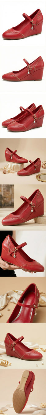 2026 Small Big Size 32-48 Vintage Green 7cm High Heels Wedges Pumps White Red Comfy Walk Summer Mary Janes Brogue Shoes Women