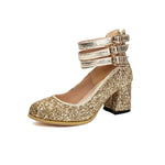 Big Size 48 Bling Sequined Silver Wedding Pumps Elegant Block High Heels Shoes Women Black Gold Glitter Ankle Strap Party Pumps