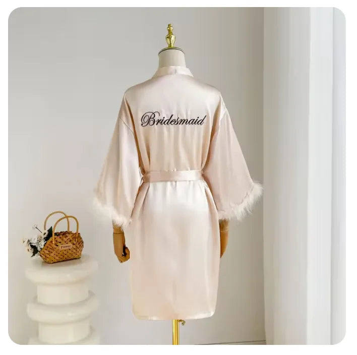 Fashion Satin Robe Female Bathrobe Sexy Lingerie Silk Kimono Bride Dressing Gown Women Sleepwear Furry 3/4 Sleeve Gown Bathrobe