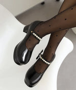 Pearl Beaded High Heels Shoes Ladies Wedding Mary Janes Block Heeled Pumps Woman Hook&Loop Tacones Wedges Escarpins Femme