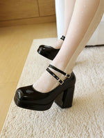 Women Silver Metallic Platform Mary Jane Shoes Double Rhinestone Buckle Chunky Block High Heels Y2K Vintage Square Toe Pumps