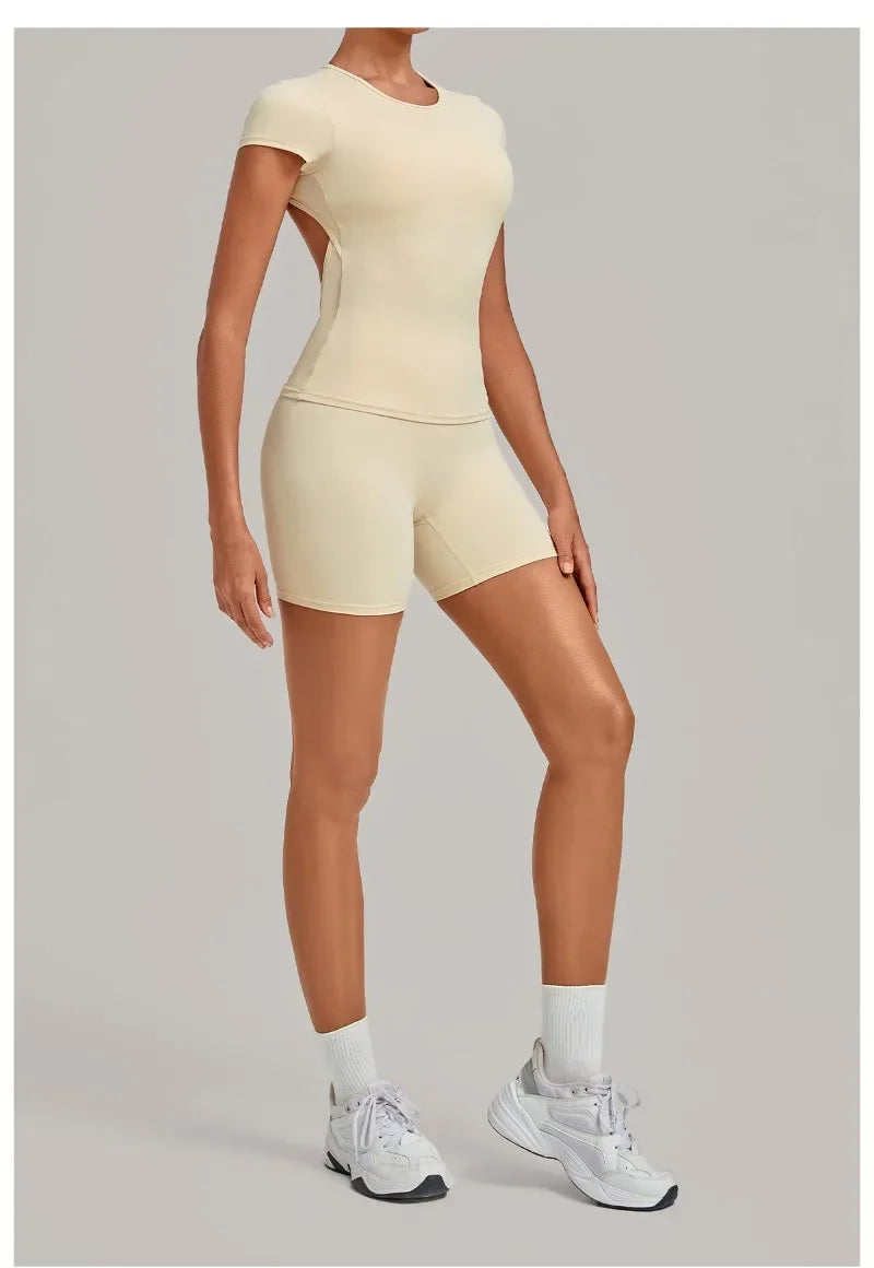 Women's Seamless Yoga Sets Sports Fitness Workout Hip-lifting High Waist Shorts Backless Short-sleeve Vest Suit Gym Training Set
