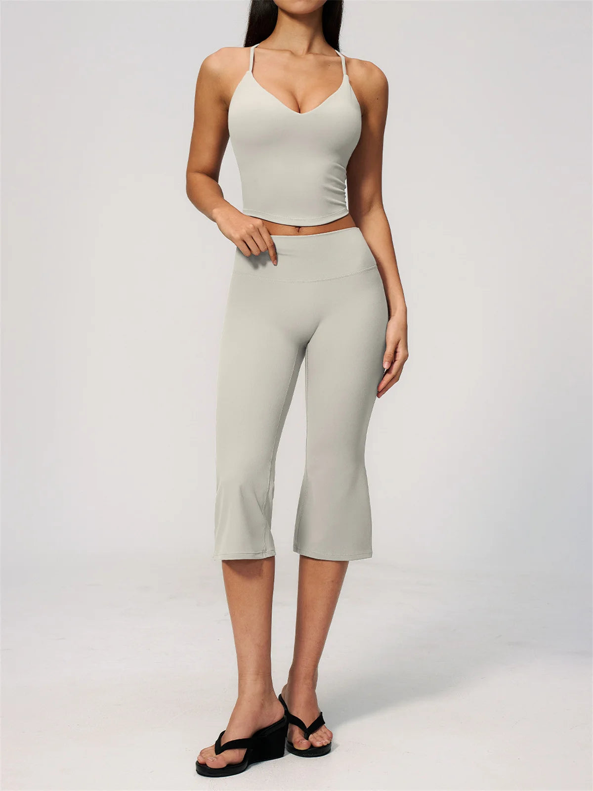 Summer New Yoga Clothing Women Solid V Neck Slim Sports Tank Top Athletic Wear High Waist Butt Lift Mid Pants Gym Fitness Suits