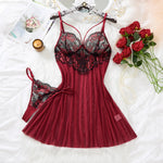 Wine Red Rose Floral Embroidery Mesh Babydoll Lingerie Set Underwire Nightgown With Matching Thong Women Sleepwear ZA825133