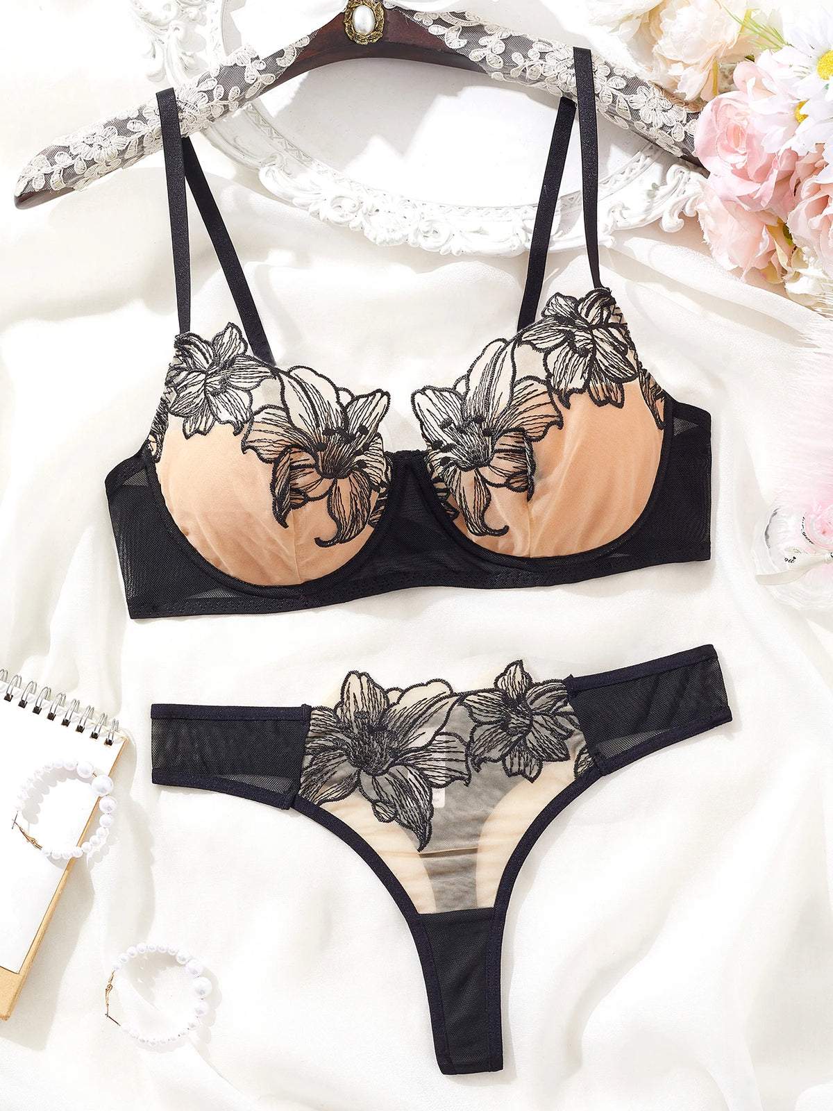 Sexy Underwire Cute Push Up Strappy Embroidered Mesh Sheer Lingerie Set See Through chick padding Panty Bra