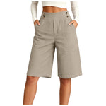 Women's High Waist Cotton Linen Bermuda Shorts Double Breasted Wide Leg Casual Shorts With Pockets Loose Fit Office Summer Short