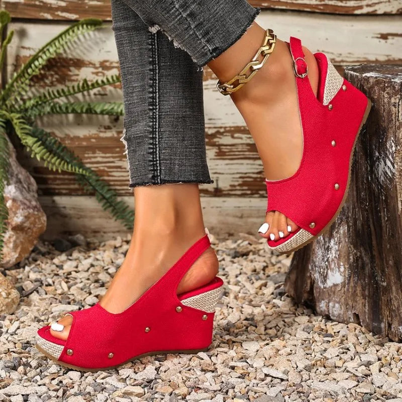 Summer Women's Wedge Sandals Espadrille Open Toe Platform Sandals Casual Slip-On Beach Mules With Rivet Decor