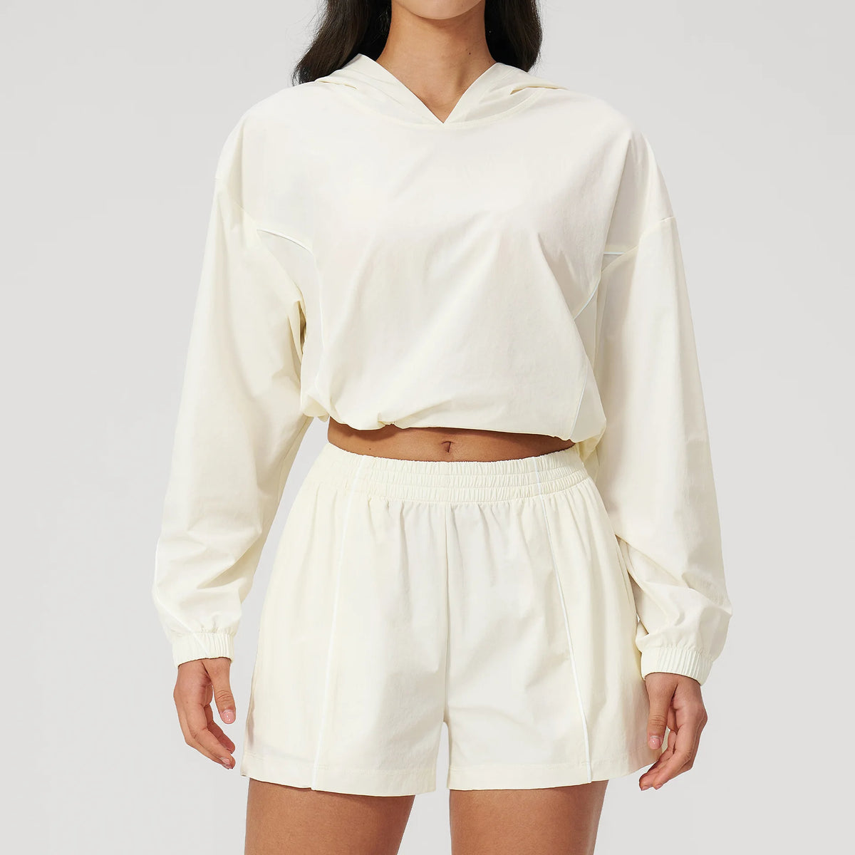 Summer Sun Protection Yoga Suit Women Contrasting Colors Long Sleeve Hoodies Top High Waist Shorts Running Fitness Athletic Wear