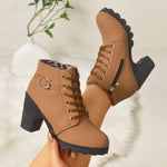 Women Lace‑Up Ankle Boots Metal Buckle Decor Side Zipper Chunky Block Heel Lug Sole Combat Short Booties Fall Winter Large Size