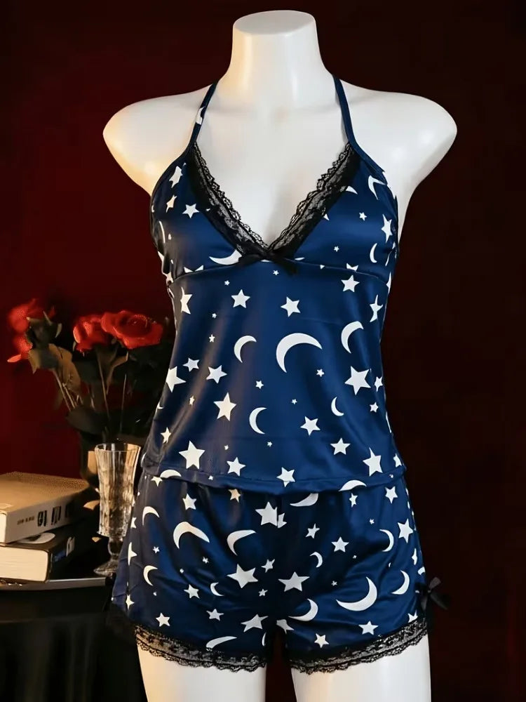 Lace-Trimmed Leopard Printed 2 Pieces Pajamas Set Women Sleepwear Straps Crop Top & Shorts Suit Home Clothes Loungewear