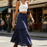 Women's Summer Hollow-Out Hem Elastic Waist Skirts Fashion Casual A-line Skirts Solid Color Long Skirts