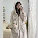 Pocket Robe for Women Sleepwear Winter Nightdress Night Wears Warm Fleece Pajama One Piece Nightgown Hooded Sleeping Homewear