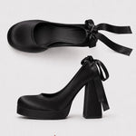 Size 42 Elegant Pink Satin Platform Block Heel Pumps Black Ribbon Wrap Ballerina Bow Wedding Party Dress Heels Shoes Women