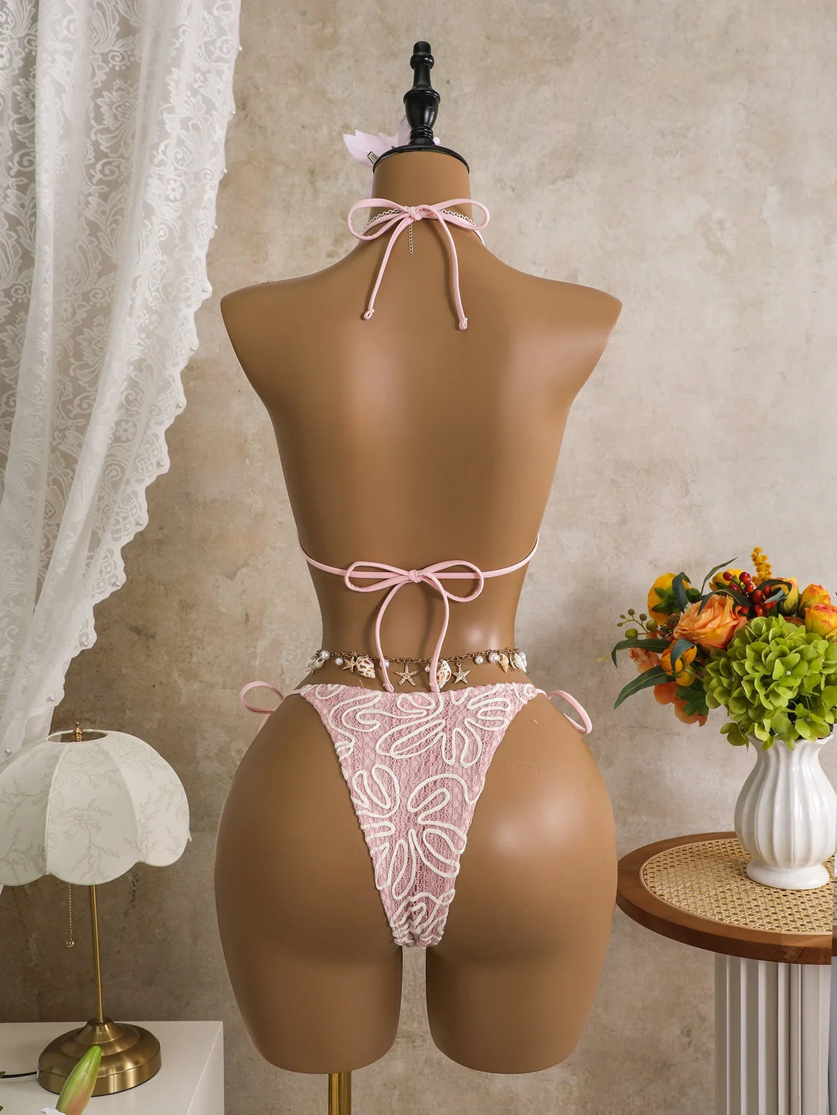 Vintage Pink Mesh Skirt 3 Piece Bikini Set Women Stone Strap Push Up Bra Triangle Swimsuit Holiday Bathing Suit Swimwear 2026