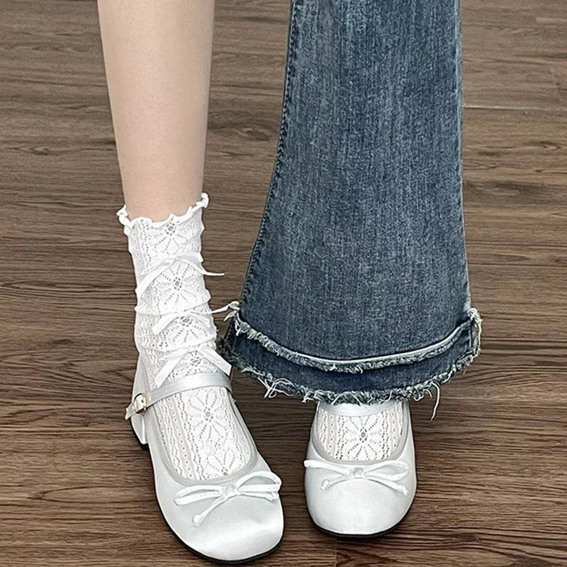 2025 spring cute sweet Bowknot Mary Janes for Womenvintage Silk Med Heelspumps LadiesBanquet Wedding Single Shoes Mujer