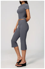 Yoga Set for Women High Waist Hip Lifting Tight Mid Pants Fitness Suit Short Sleeve O Neck Slimming Sports T Shirt Athletic Wear