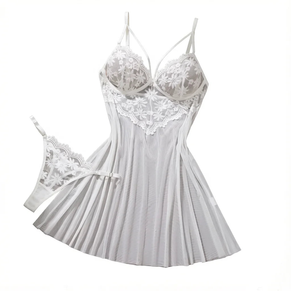 White Daisy Floral Lace Sheer Mesh Babydoll Lingerie Set Slip Nightdress With Matching Thong Women Sexy Sleepwear ZA825096