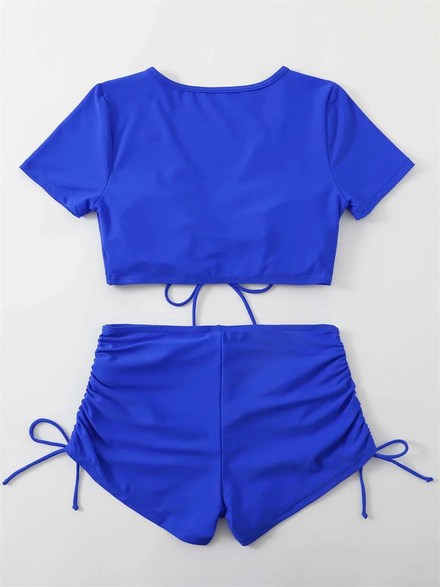 Sexy Drawstring Bikini Set 2026 Women Green Black Short Sleeve Two Piece Swimsuit Summer Bathing Suit Pleate High Waist Swimwear