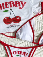 Cherry Print Mesh Short Sleeve Mini Bikini Female Swimsuit Women Swimwear Three-pieces Bikini Set Bathing Suit Swim Beachwear