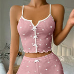 Women Pajama Set Heart Print Sleepwear Soft Ribbed Fabric Sexy Cami Top and Shorts Loungewear Casual Home Nightwear