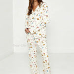 Women Autumn Winter Milk Silk Knit Pajama Set Lapel Open Front Printed Top Straight Pants European Style Ladies Sleepwear