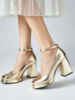Big Size 32-46 Elegant Gold Metallic Platform High Heels Women Shoes Square Toe Ankle Strap Chunky Heel Party Wedding Pumps