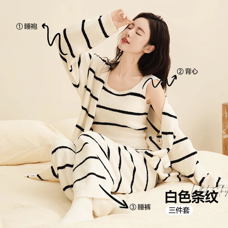 Women Autumn Winter New Half Velvet 3 Piece Pajama Set Thick Plush Loungewear with Bathrobe Soft Cozy Casual Home Sleepwear
