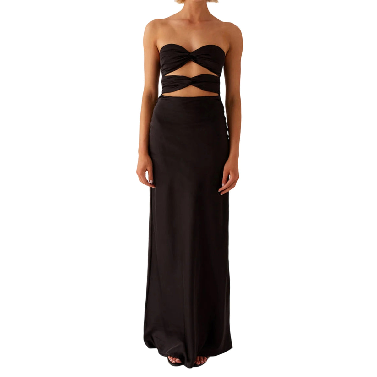 Women's Fashion Elegant Hollow Out Tube Dress Strapless Twist Front Solid Color Bodycon Summer Party Club Long Dresses