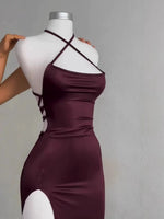 Sexy Hot Girls Slim Spaghetti Strap Long Dresses Women Solid Color Backless Package Hip Bodycon Slit Dress Party Club Vestidos