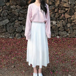 High Waist Elastic Pleated Skirt for Women Spring Summer Chiffon Skirts Vintage Patchwork White Black Long A-Line Skirt