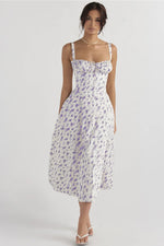 Sexy Low Cut Spaghetti Strap Maxi Dresses For Women Color Flower Printed Chest Wrap Bowknot Leace-up Long Dress Elegant Vestidos