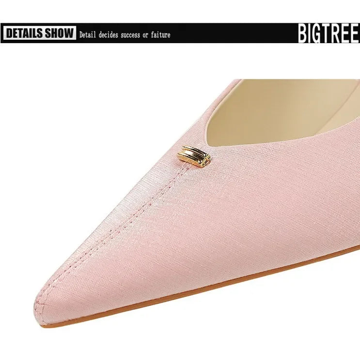 BIGTREE Shoes Sweet Metal Decoration Women Pumps Pointed High Heels silks satins heeled Sandals Women Summer Shoes Stiletto 8 cm