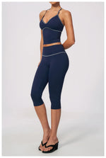 Summer Color Blocking Yoga Suit Women Tracksuit Hanging Neck V Neck Slim Sports Vest Tight Hip Lifting Capri Pants Fitness Sets