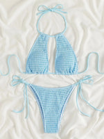2025 Halter Tie Side Hollow Out Smocked Bikini Women Swimsuit Female Swimwear Two Pieces Bikini Set Swim Bathing Suit Beach Wear