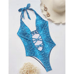 New Sexy Snake Skin Halter Monokini Women Swimwear One Piece Swimsuit Female Tummy Cut Out Bather Bathing Suit Swim Lady V3056