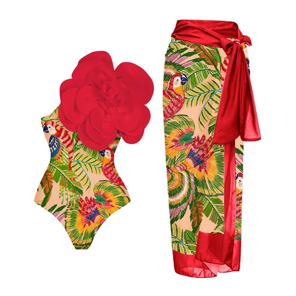 2024 Sexy Sling Ruffle Solid Two Pieces Bikini Women High Waist 3D Flower Swimsuit Skirt Summer Backless Beachwear Bathing Suit