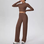 2 Pcs Women's Seamless Yoga Set Long-sleeved Wide-leg Pants Tracksuit Fitness Sports Set High-waisted Hip-lifting Slim-fit Suit