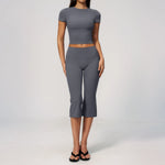 Yoga Set for Women High Waist Hip Lifting Tight Mid Pants Fitness Suit Short Sleeve O Neck Slimming Sports T Shirt Athletic Wear