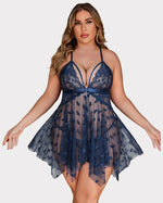 plus Size Heart-Patterned Lace-Trimmed See-Through Nightgown Front-Buttoned Split-Hem Backless Pajamas Women's Sexy Lingerie
