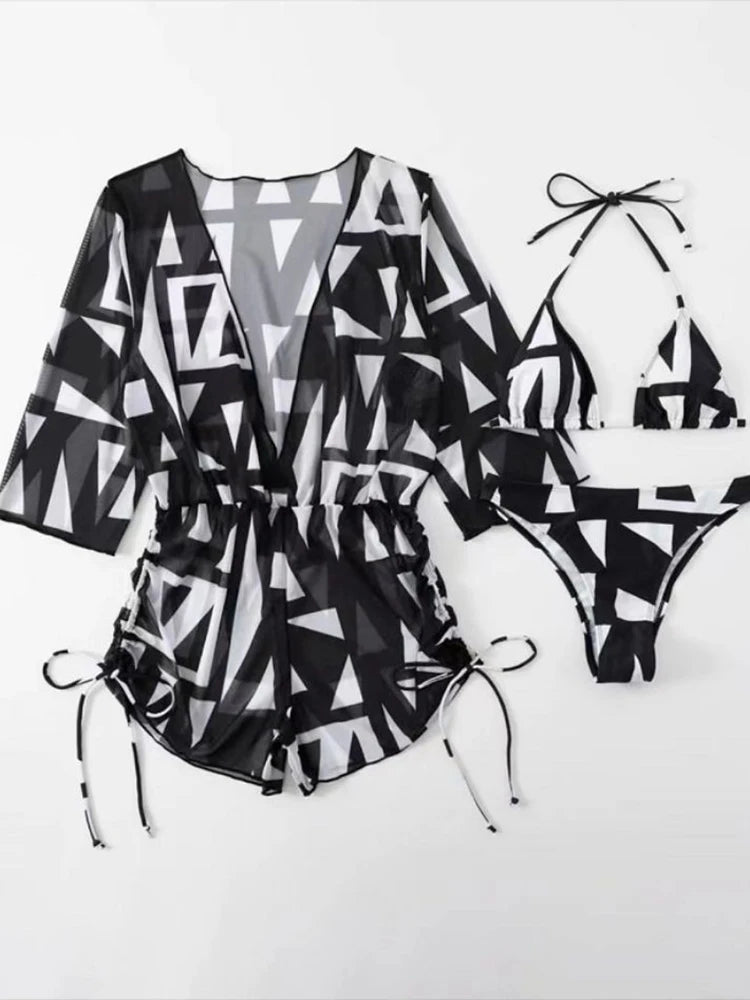 3 Pieces Bikini Tropical Print Swimsuit Halter Drawstring Side Swimwear Women 2026 Bathing Suit Female Swimming Summer Beachwear