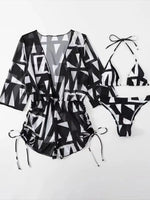 3 Pieces Bikini Tropical Print Swimsuit Halter Drawstring Side Swimwear Women 2026 Bathing Suit Female Swimming Summer Beachwear