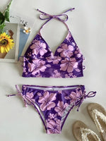 Sexy Yellow Floral Print Bikinis Set Women Halter Push Up Crop Top Swimsuit 2025 Beach Bathing Suit Lace Up High Waist Swimwear